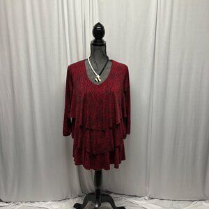 Susan Graver Red Black Tiered Top Womens Size Large Liquid Knit V-Neck Blouse